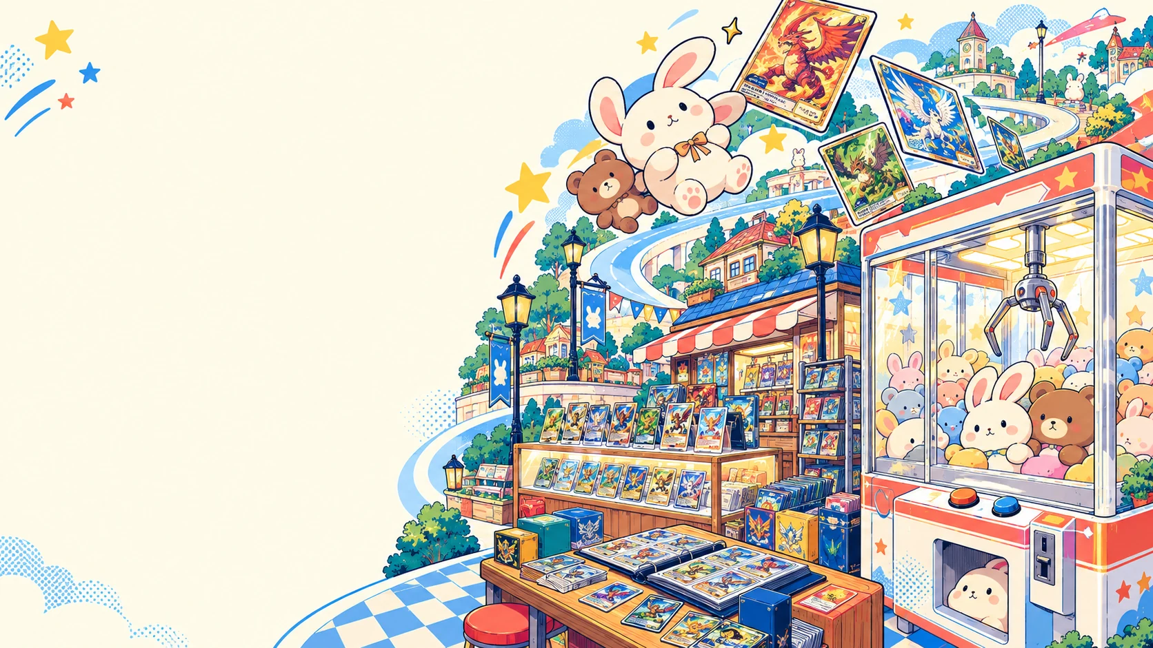 トレカショップとクレーンゲームの街を描いたホビヨリのオリジナルイラスト